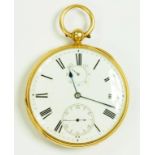 AN 18CT GOLD LEVER WATCH, THE ENAMEL DIAL WITH SUBSIDIARY SECONDS AND UP - DOWN DIALS, SIGNED ON THE