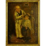 A VICTORIAN VARNISHED OLEOGRAPH OF A BOY AT THE BARBERS, ON PANEL
