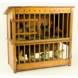 A PAINTED WOOD HEN COOP, CONTAINING EIGHT PAINTED PAPIER MACHE BIRDS ON WOOD BASE, EARLY 20TH