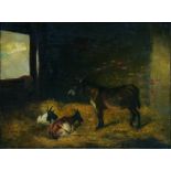 J. BARTON FL, MID 19TH CENTURY - A DONKEY AND TWO GOATS IN A STABLE, SIGNED, OIL ON CANVAS