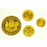 FOUR GOLD COINS COMPRISING UNITED STATES OF AMERICA ONE DOLLAR, 1853, FIVE DOLLARS, SOUTH AFRICA ONE
