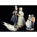 A ROYAL COPENHAGEN GROUP OF ELEGANT COUPLE, A ROYAL COPENHAGEN GROUP OF A FARMHAND AND GIRL AND A