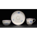 A DERBY TEA BOWL AND SAUCER AND COFFEE CUP, C1780-84 with dry blue decoration, saucer 13.5cm diam,