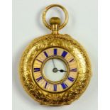 A SWISS 18CT GOLD KEYLESS LEVER HALF HUNTING CASED FOB WATCH, WITH GUILLOCHE ENAMEL CHAPTER RING