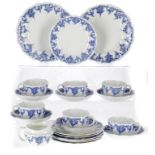 A ROYAL CROWN DERBY BLUE AND WHITE TEA SERVICE, 1891 AND C including a pair of plates, 22cm diam (