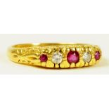 A RUBY AND DIAMOND FIVE STONE RING IN 18CT GOLD, 4.2G