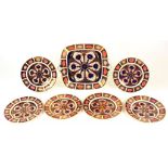 SIX ROYAL CROWN DERBY IMARI PLATES AND A SQUARE DISH