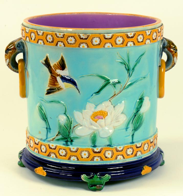 A VICTORIAN MAJOLICA WATERLILY JARDINIERE WITH ELEPHANT MASK HANDLES, CIRCA 1880