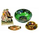 A MALING LUSTRE BOWL, A ROYAL CROWN DERBY WITCHES PATTERN SWEETMEAT DISH, AN ANYSLEY CUP AND