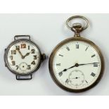 A SILVER KEYLESS LEVER WATCH, BIRMINGHAM 1923 AND A SILVER WRISTWATCH