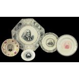 FIVE EARLY/MID 19TH CENTURY EARTHENWARE PLATES, INCLUDING CHILDREN'S PLATES, FOUR IN COMMEMORATION