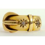 A DIAMOND TWO STONE GYPSY SET BUCKLE RING IN 18CT GOLD, CHESTER 1904, 3.4G