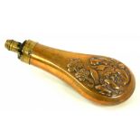 A VICTORIAN EMBOSSED BRASS POWDER FLASK