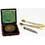 A VICTORIAN SILVER PRIZE MEDAL, LOCAL ART AND INDUSTRY EXHIBITION, RUGBY 1891, CASED, A PAIR OF