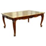 A FRENCH WALNUT DINING TABLE WITH LOZENGE PARQUETRY TOP ON CARVED CABRIOLE LEGS, EARLY 20TH CENTURY