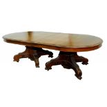 A FRENCH WALNUT TWIN PILLAR DINING TABLE WITH SEMI CIRCULAR ENDS AND THREE LEAVES, C1900