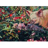 STEVENSON - THE PIG AND THE BUTTERFLY, SIGNED, OIL ON CANVAS