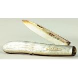 A VICTORIAN SILVER FRUIT KNIFE WITH MOTHER OF PEARL SCALES, SHEFFIELD 1869, MOROCCO CASE