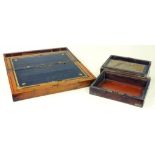 A VICTORIAN WALNUT WRITING BOX WITH BRASS MOUNTS AND FITTED INTERIOR AND ANOTHER SMALLER (BOTH