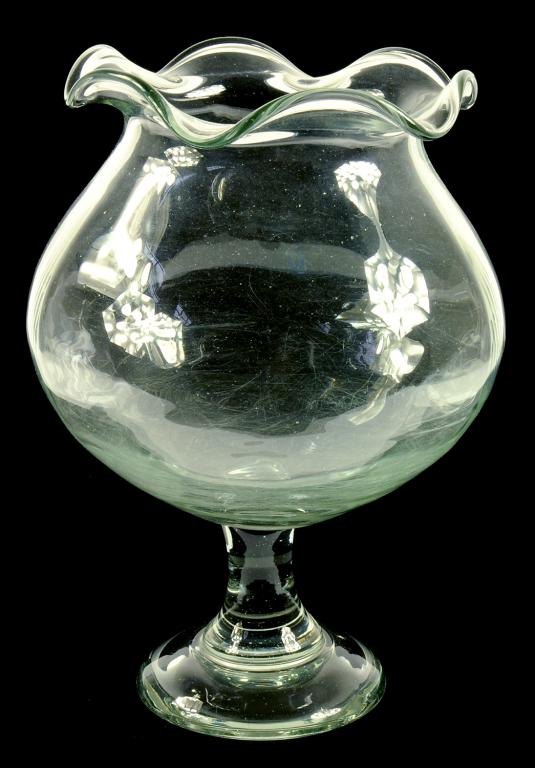 A VICTORIAN GLASS GOLDFISH BOWL OF BULBOUS FORM, WITH WAVY RIM ON PEDESTAL FOOT