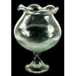 A VICTORIAN GLASS GOLDFISH BOWL OF BULBOUS FORM, WITH WAVY RIM ON PEDESTAL FOOT