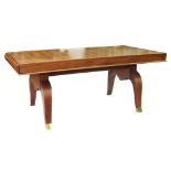 AN ART DECO STYLE WALNUT RECTANGULAR TABLE WITH LOZENGE PARQUETRY TOP AND BRASS SABOTS, A DRAWER