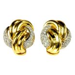 A PAIR OF DIAMOND PAVE SET TWO COLOUR GOLD KNOT EARRINGS, MARKED 750, 17.5G