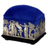 A VICTORIAN SILVER MOUNTED BLUE PLUSH COVERED TRINKET BOX, WITH OPENWORK MOUNT OF CONTINUOUS