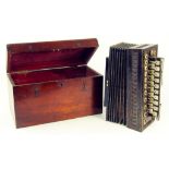 A GRAINED ROSEWOOD AND BRASS STRING INLAID ACCORDION, WITH BRASS MOTHER OF PEARL AND NICKEL PLATED