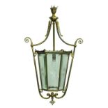 A BRASS TAPERED HEXAGONAL HALL LANTERN WITH BEVELLED GLASS STAR CUT LIGHTS, EARLY 20TH C