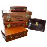 VINTAGE LUGGAGE, TWO LEATHER SUITCASES, TWO LEATHER ATTACHÉ CASES AND A BAG