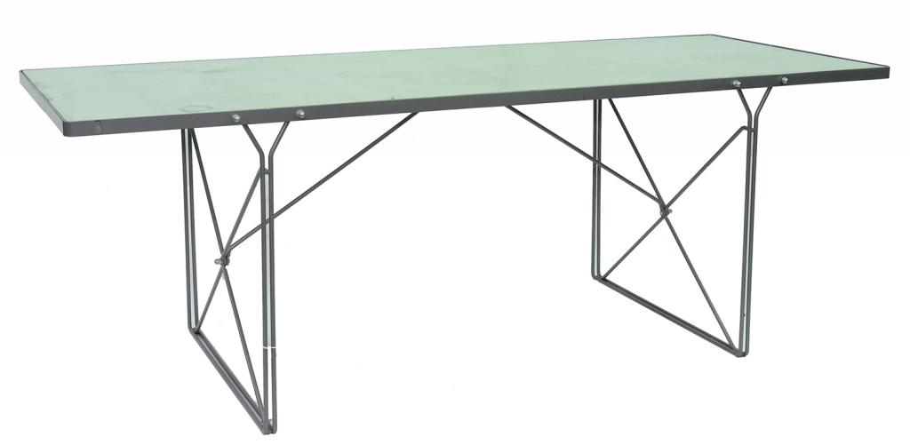 A GREY POWDER COATED METAL TABLE WITH FROSTED GLASS TOP