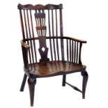 A GEORGE III YEW WOOD WINDSOR CHAIR WITH COMB BACK AND ELM SEAT ON CABRIOLE LEGS, REDUCED IN HEIGHT