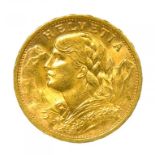 GOLD COIN.  SWITZERLAND TWENTY FRANCS, 1909, 6.5G