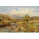 JAMES CALLOWHILL (1838-1917) MOUNTAINOUS LANDSCAPE WITH CHILDREN PLAYING BY A STREAM signed and