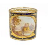 A DERBY COBALT GROUND COFFEE CAN, C1820 painted with an oval landscape panel,  wishbone handle, 6.