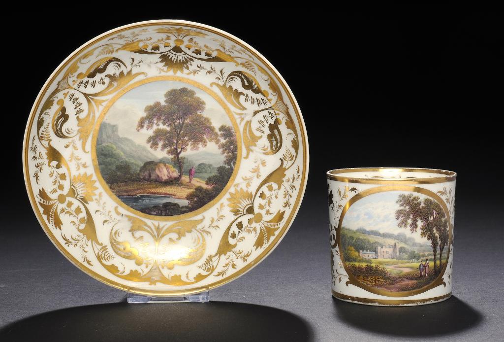 A DERBY COFFEE CAN AND SAUCER, C1820  painted probably by  George Robertson with romantic