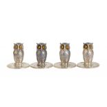 SAMPSON MORDAN.  A SET OF FOUR EDWARD VII SILVER OWL NOVELTY PLACE STANDS  3cm h, mark of S Mordan &