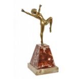 A FRENCH ART DECO GILT BRONZE STATUETTE OF A NUDE DANCER, C1930 on marble pyramidal base, 28cm