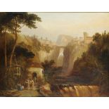 BRITISH SCHOOL, 19TH C A NORTH ITALIAN HILL TOWN WITH FIGURES AT A WAYSIDE SHRINE  oil on panel,