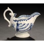 A DERBY BLUE AND WHITE DOLPHIN EWER CREAMBOAT, C1780  8cm h ++Small flat chip on handle spur