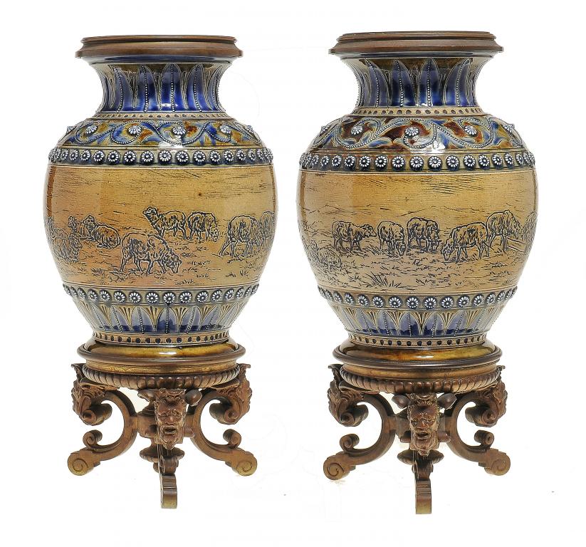 A PAIR OF DOULTON WARE VASES BY HANNAH B BARLOW,  C1880  in contemporary French ormolu mounts,