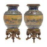 A PAIR OF DOULTON WARE VASES BY HANNAH B BARLOW,  C1880  in contemporary French ormolu mounts,
