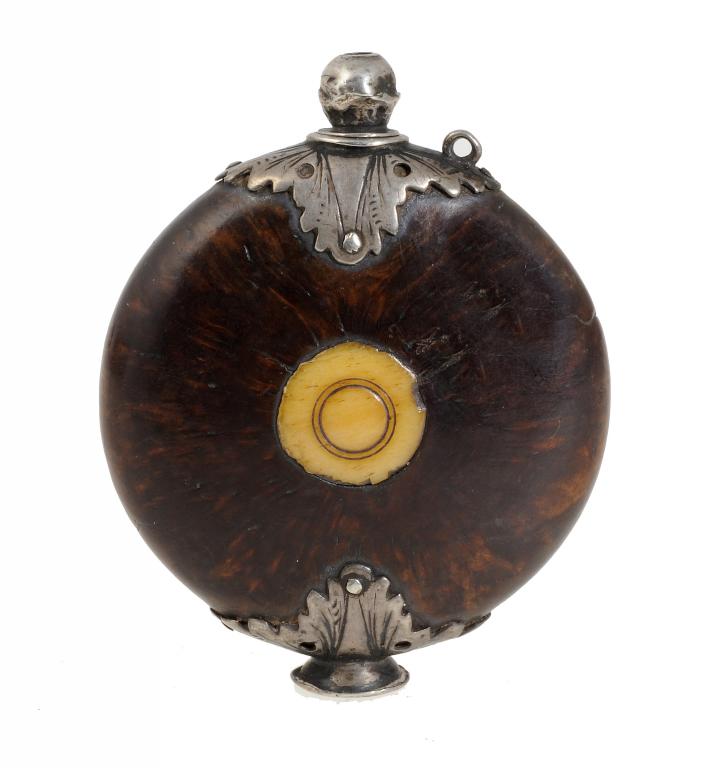 A DUTCH OR GERMAN SILVER MOUNTED ROOTWOOD SCENT BOTTLE, DATED 1749 inlaid with a bone roundel to