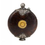 A DUTCH OR GERMAN SILVER MOUNTED ROOTWOOD SCENT BOTTLE, DATED 1749 inlaid with a bone roundel to