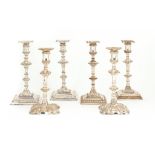 THREE PAIRS OF OLD SHEFFIELD PLATE CANDLESTICKS BY JOSEPH HANCOCK & CO OR TUDOR & CO, C1765  with