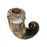 A SCOTTISH SILVER MOUNTED HORN SNUFF MULL, MID 19TH C  the lid chased with foliage and inset with