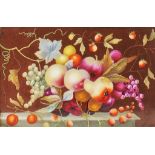 A DERBY PLAQUE BY THOMAS STEEL, C1820  painted with jewel like fruits on a brown ground, 8 x 12.5cm,