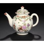 A LOWESTOFT POLYCHROME TEAPOT AND COVER, C1780-1800 enamelled with a Curtis pattern, 14cm h ++Chip