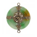 A CHINESE SILVERED BRASS MOUNTED JADEITE BI-DISC, EARLY 20TH C with dragon and moth mounts to both